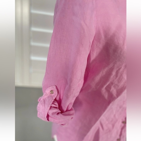 Zara Womens Small 100% Linen Pink Gold Long Sleeve Button Up Shirt Summer Beach - Picture 9 of 16